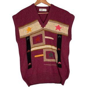 Vintage H. Sagar 100% Wool Red Geometric Print Sweater Vest Oversized Unisex